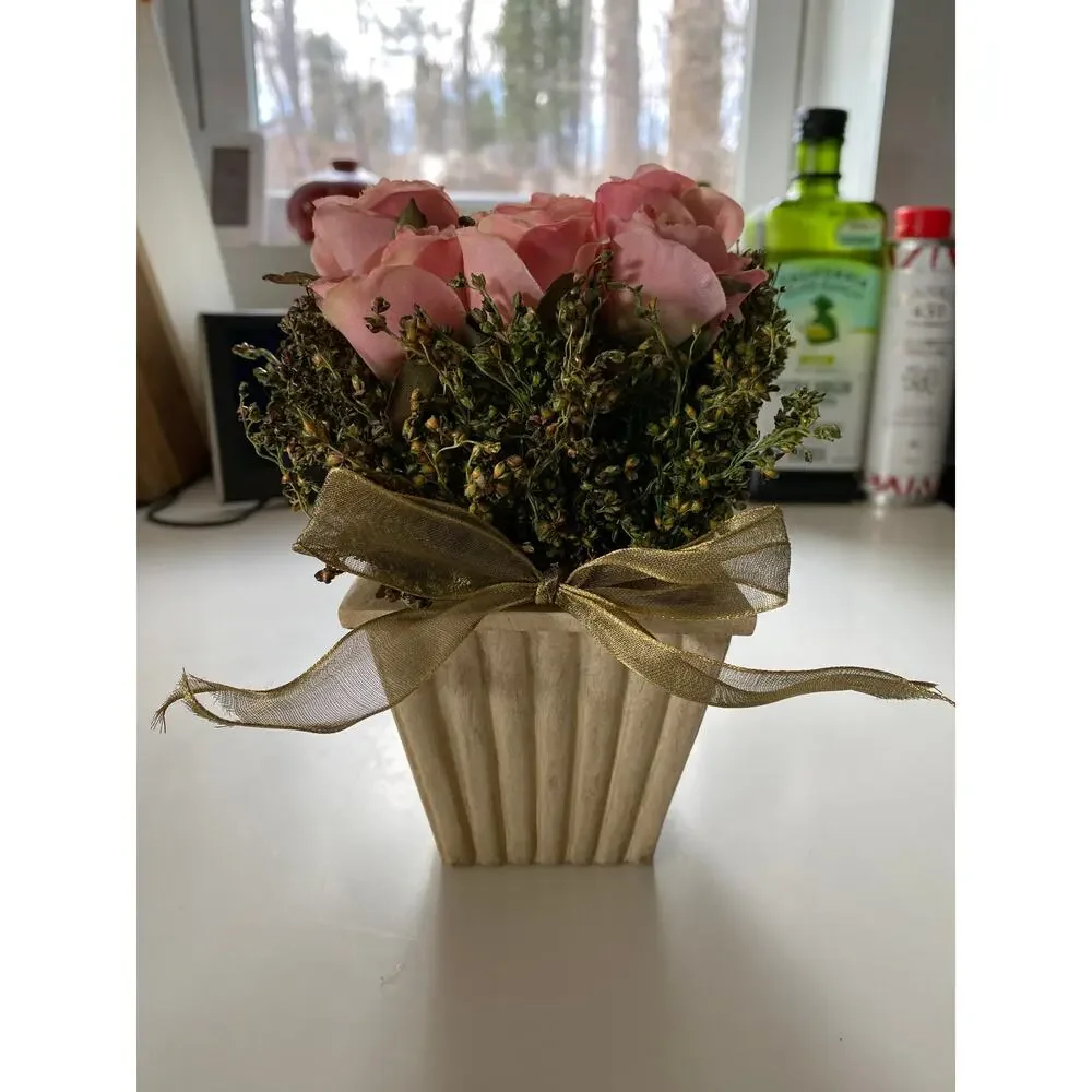 Petite Urn with 9 Pink‎ Mini Rose Fabric Flowers & Greenery Organza Ribbon